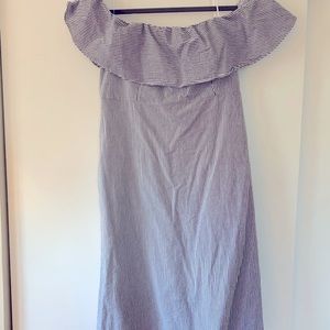 SEERSUCKER PINSTRIPED OFF THE SHOULDER DRESS